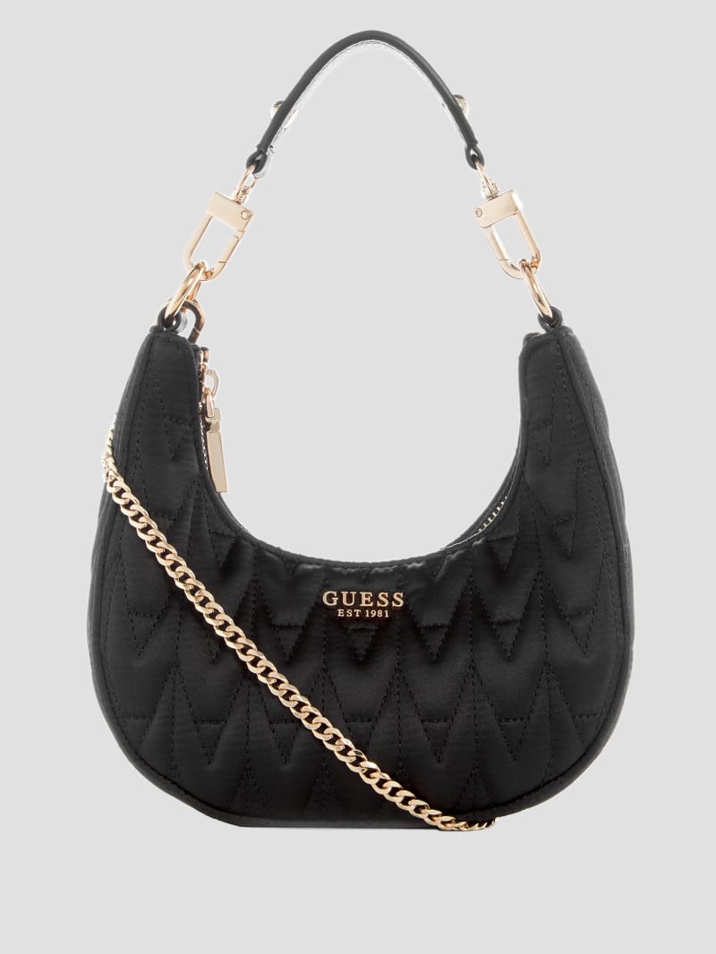 Guess Golden Rock Mini Crescent Hobo Bag - Black Floral Print Guess Golden Rock Mini Crescent Hobo Bag - Black Floral Print