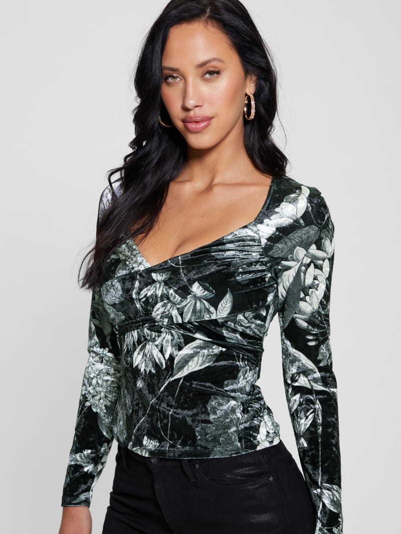 Guess Dianna Velvet Top - Phantom Flora Print Black Guess Dianna Velvet Top - Phantom Flora Print Black
