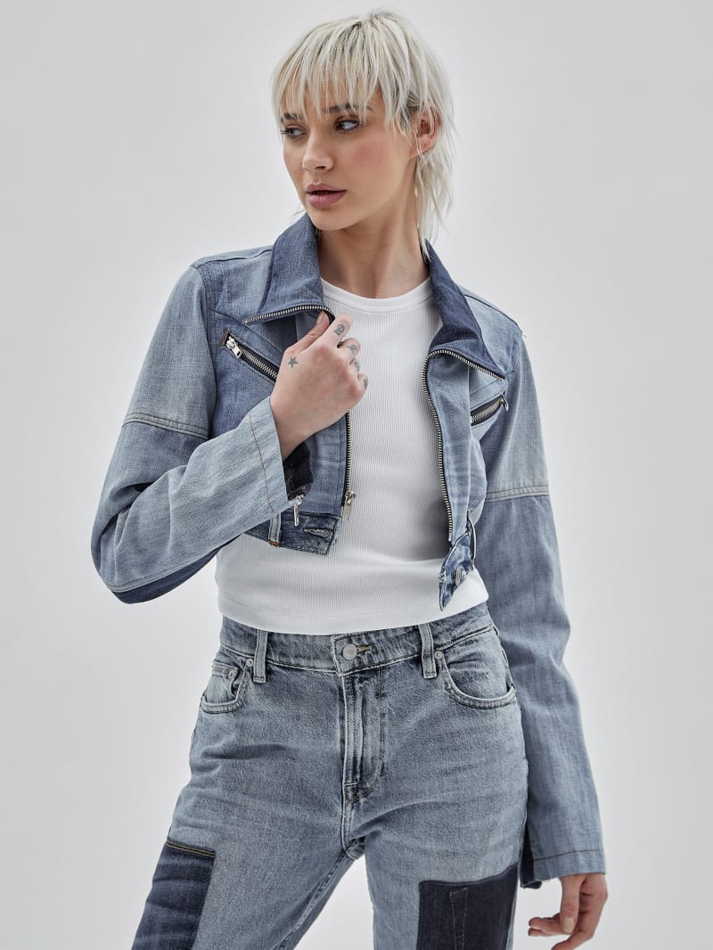 Guess GUESS Originals x Homeboy Upcycled Denim Moto Jacket - Upcycled Medium Wash Mult Guess GUESS Originals x Homeboy Upcycled Denim Moto Jacket - Upcycled Medium Wash Mult