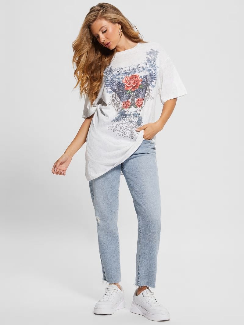 Guess Rose Wings Oversized Graphic Tee - Pure White Multi Guess Rose Wings Oversized Graphic Tee - Pure White Multi