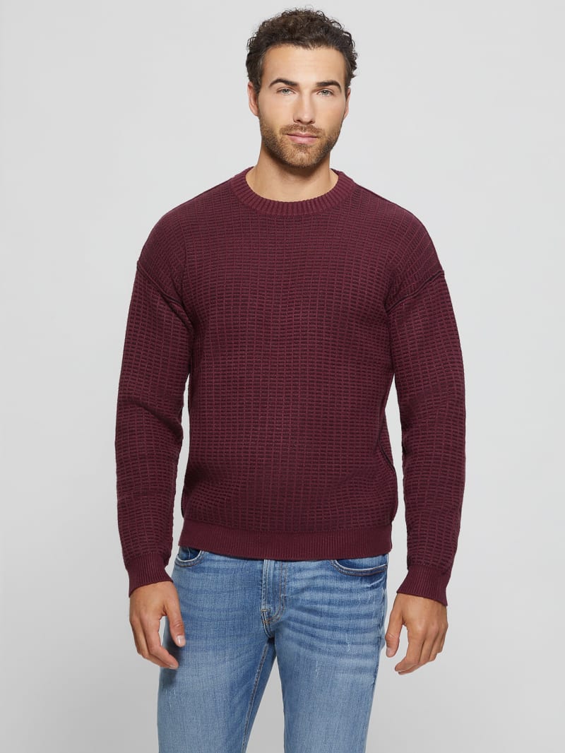 Guess Eco Two-Tone Waffle Sweater - Jet Black/Red Noir Multi Guess Eco Two-Tone Waffle Sweater - Jet Black/Red Noir Multi