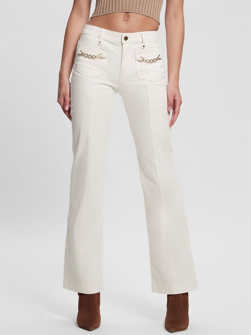 Guess Sateen Chain Sexy Bootcut Pants - Cream White Guess Sateen Chain Sexy Bootcut Pants - Cream White