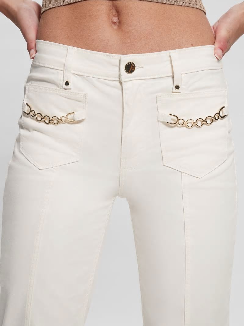Guess Sateen Chain Sexy Bootcut Pants - Cream White Guess Sateen Chain Sexy Bootcut Pants - Cream White