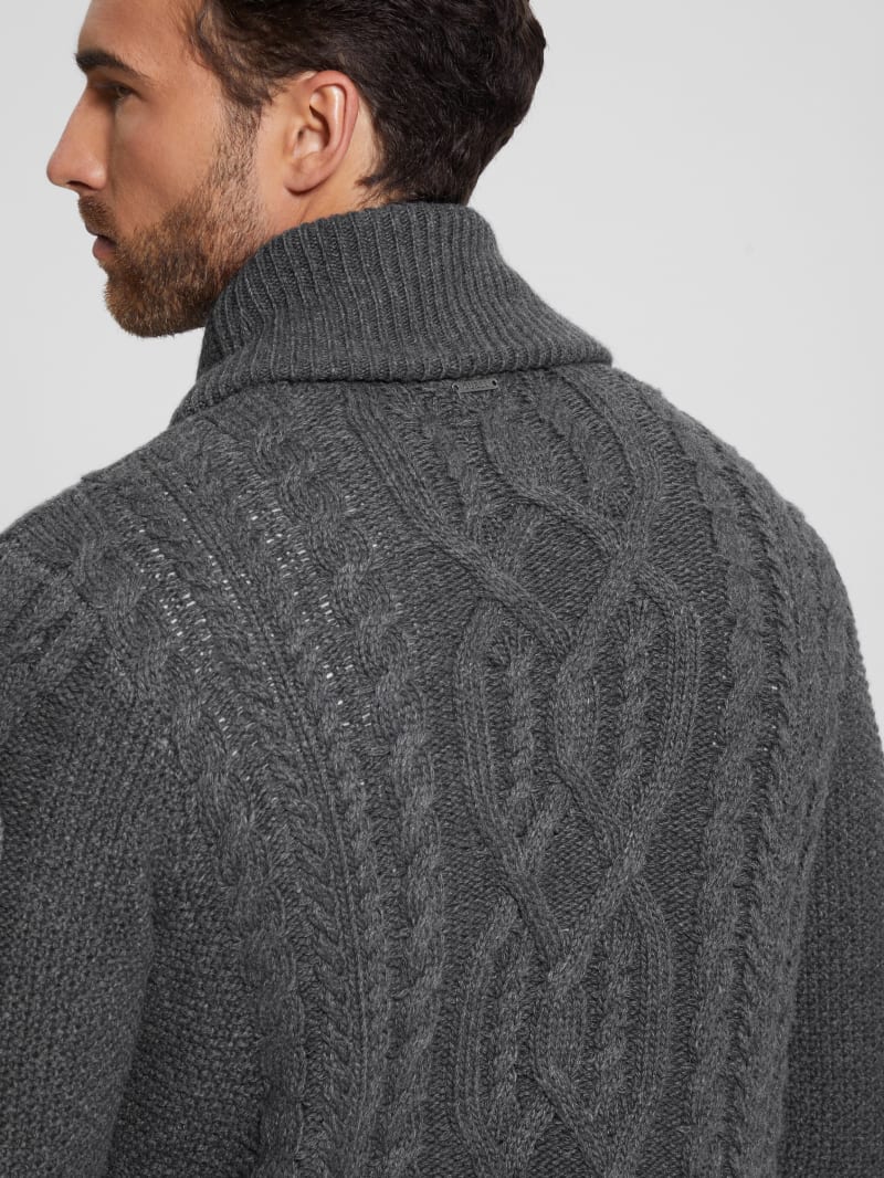 Guess Shane Celtic Cable-Knit Cardigan - Dark Coal Heather Guess Shane Celtic Cable-Knit Cardigan - Dark Coal Heather