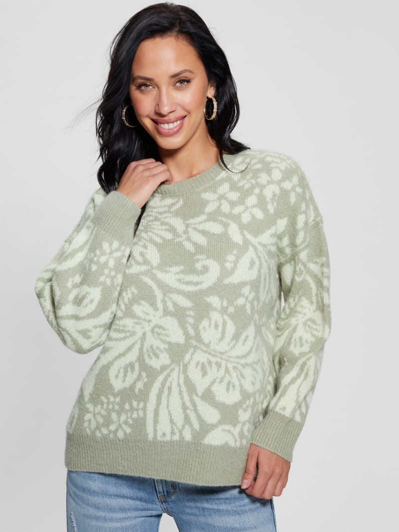 Guess Hibiscus Wool-Blend Sweater - Folk Floral Print Dove Wh