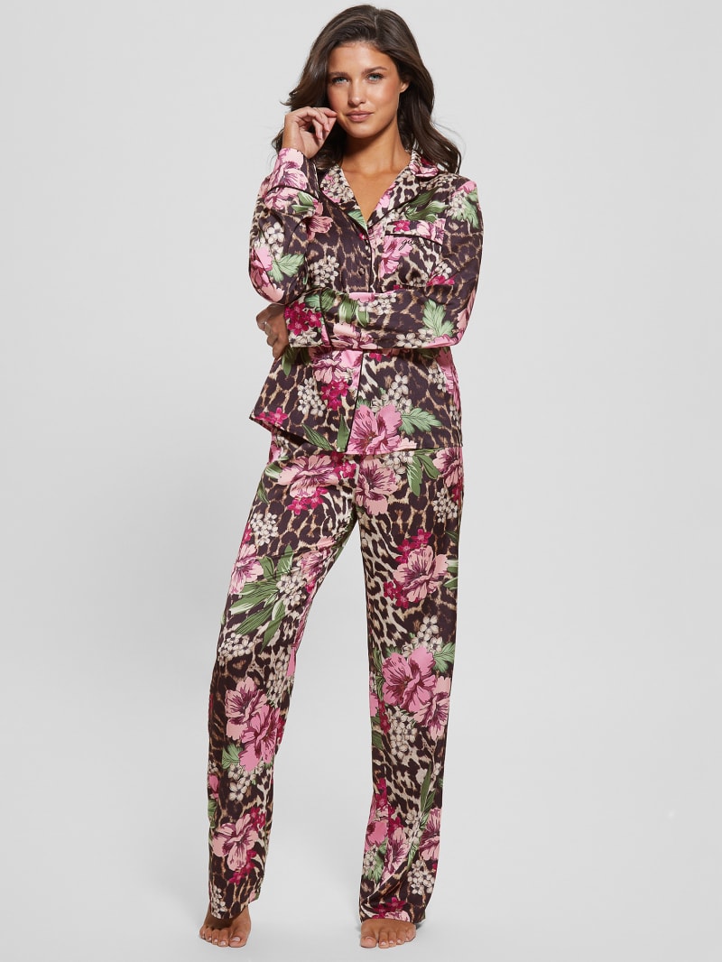 Guess Eco Dulcie Shirt and Pants PJ Set - Allover Flowers Leopard Guess Eco Dulcie Shirt and Pants PJ Set - Allover Flowers Leopard