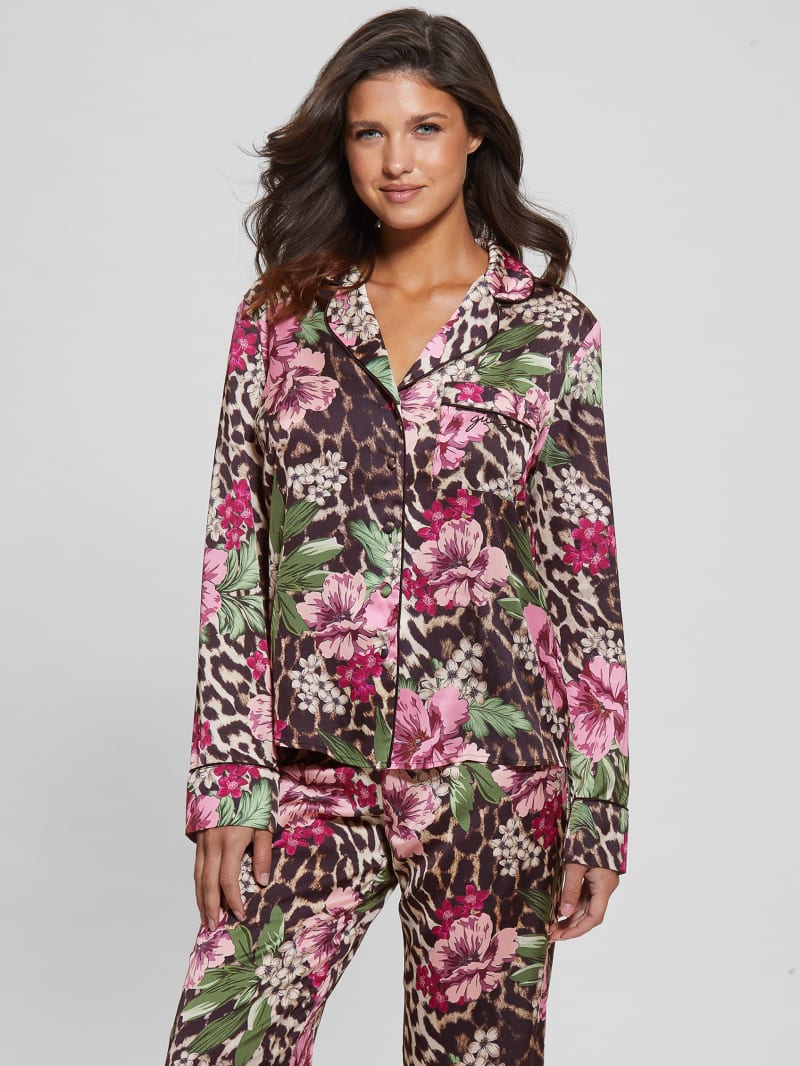 Guess Eco Dulcie Shirt and Pants PJ Set - Allover Flowers Leopard Guess Eco Dulcie Shirt and Pants PJ Set - Allover Flowers Leopard