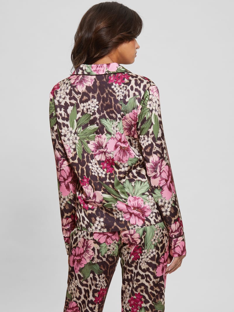 Guess Eco Dulcie Shirt and Pants PJ Set - Allover Flowers Leopard Guess Eco Dulcie Shirt and Pants PJ Set - Allover Flowers Leopard