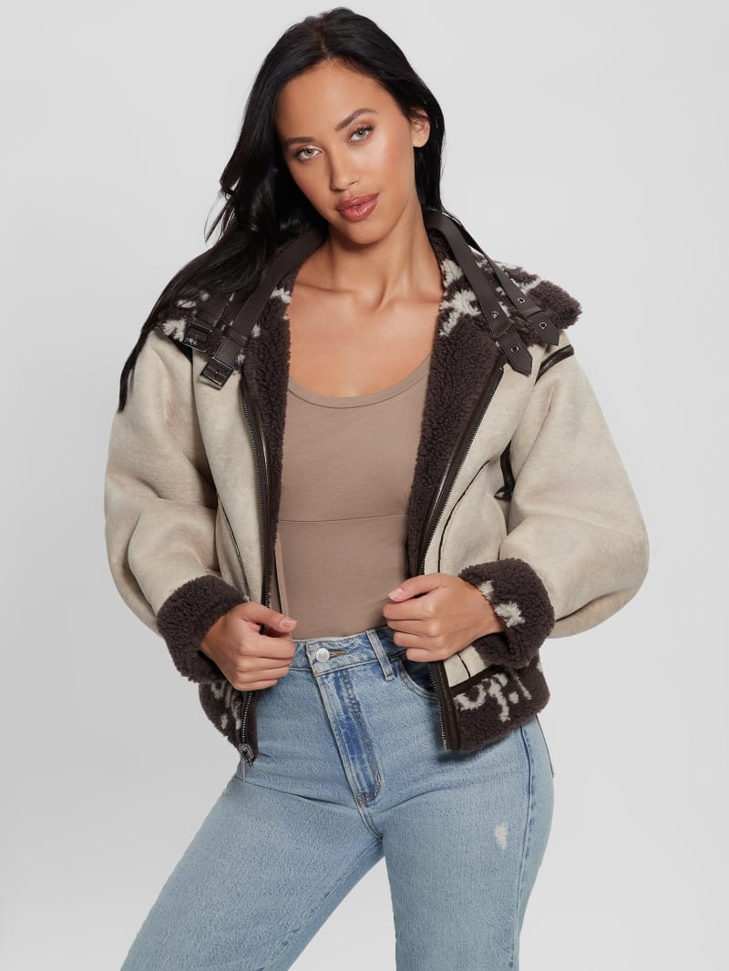 Guess Eco Raquel Reversible Biker Jacket - Brown And Cream Logo Guess Eco Raquel Reversible Biker Jacket - Brown And Cream Logo