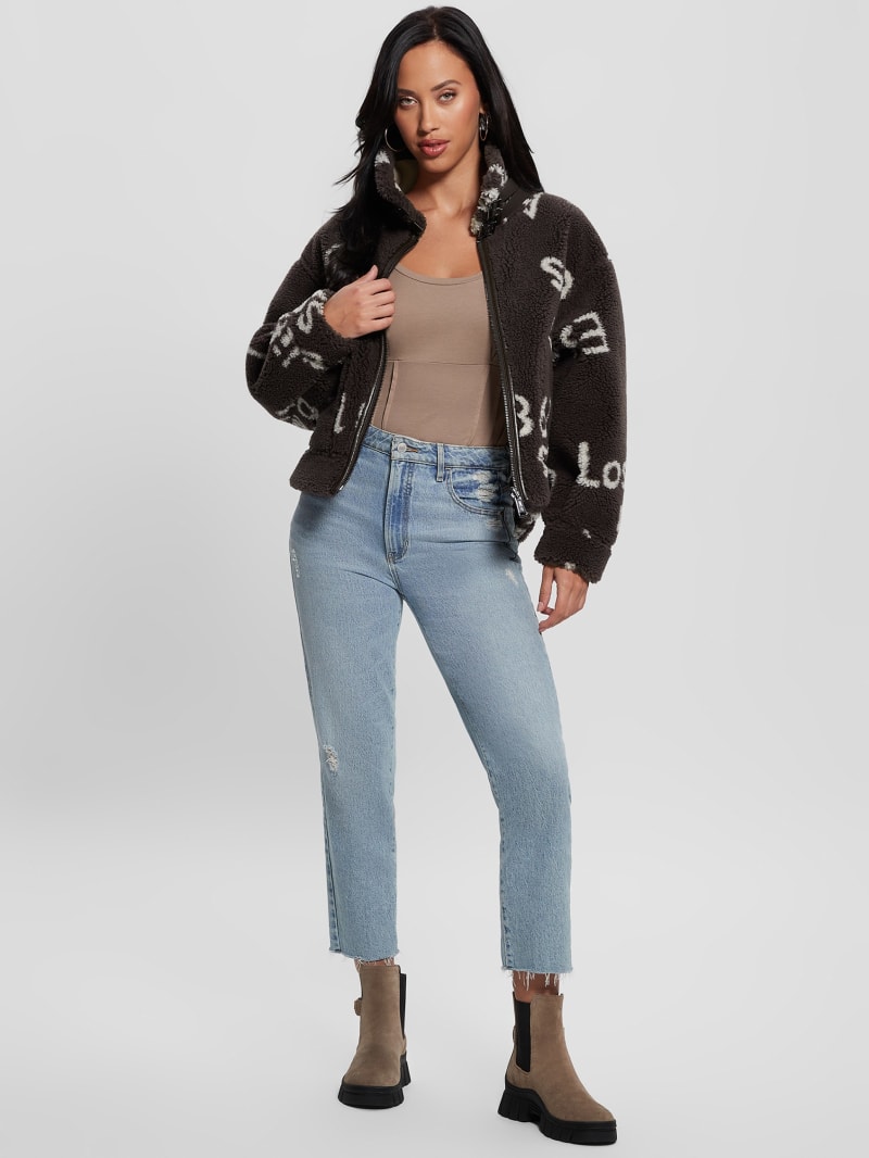 Guess Eco Raquel Reversible Biker Jacket - Brown And Cream Logo Guess Eco Raquel Reversible Biker Jacket - Brown And Cream Logo