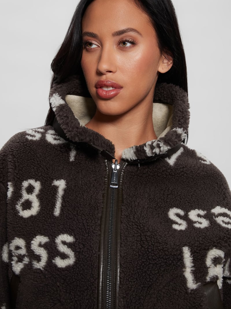 Guess Eco Raquel Reversible Biker Jacket - Brown And Cream Logo Guess Eco Raquel Reversible Biker Jacket - Brown And Cream Logo