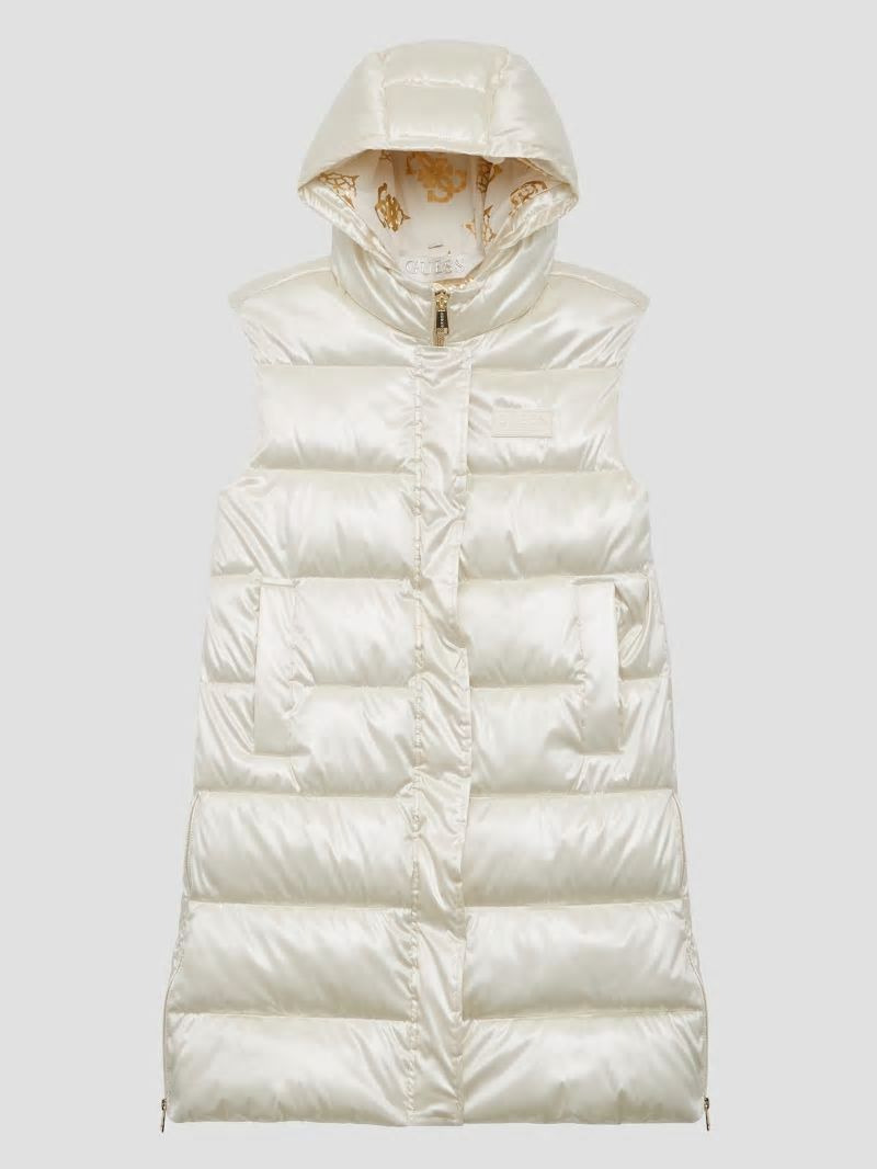 Guess Noemi Long Satin Puffer Vest - Cream White Multi Guess Noemi Long Satin Puffer Vest - Cream White Multi