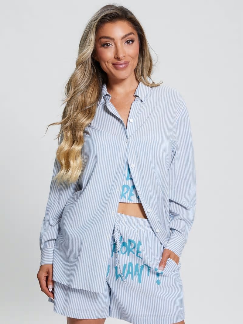 Guess Oversized Striped Slogan Shirt - All I Do Is Chambray Mult Guess Oversized Striped Slogan Shirt - All I Do Is Chambray Mult