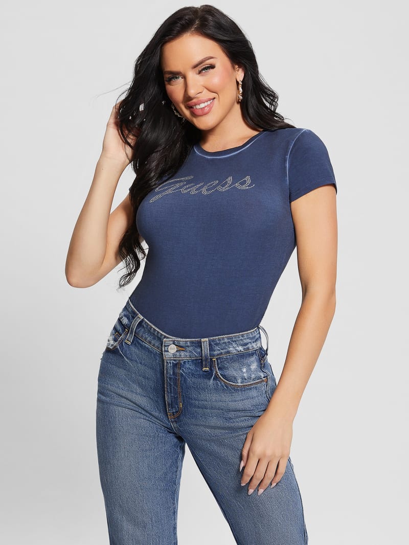 Guess Bling Signature Script Tee - Blackened Blue Multi Guess Bling Signature Script Tee - Blackened Blue Multi