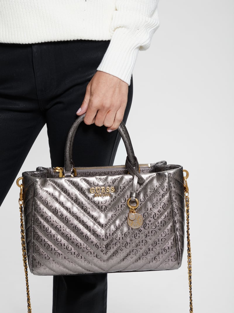 Guess Jania Metallic Quilted Society Satchel - Pewter Guess Jania Metallic Quilted Society Satchel - Pewter