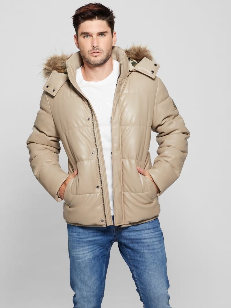 Guess Faux-Leather Hooded Puffer Jacket - Pasadena Stone Guess Faux-Leather Hooded Puffer Jacket - Pasadena Stone