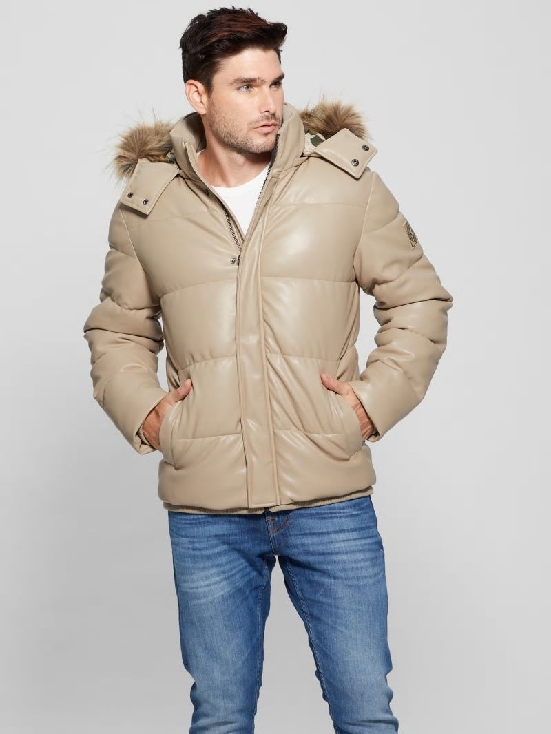 Guess Faux-Leather Hooded Puffer Jacket - Pasadena Stone Guess Faux-Leather Hooded Puffer Jacket - Pasadena Stone