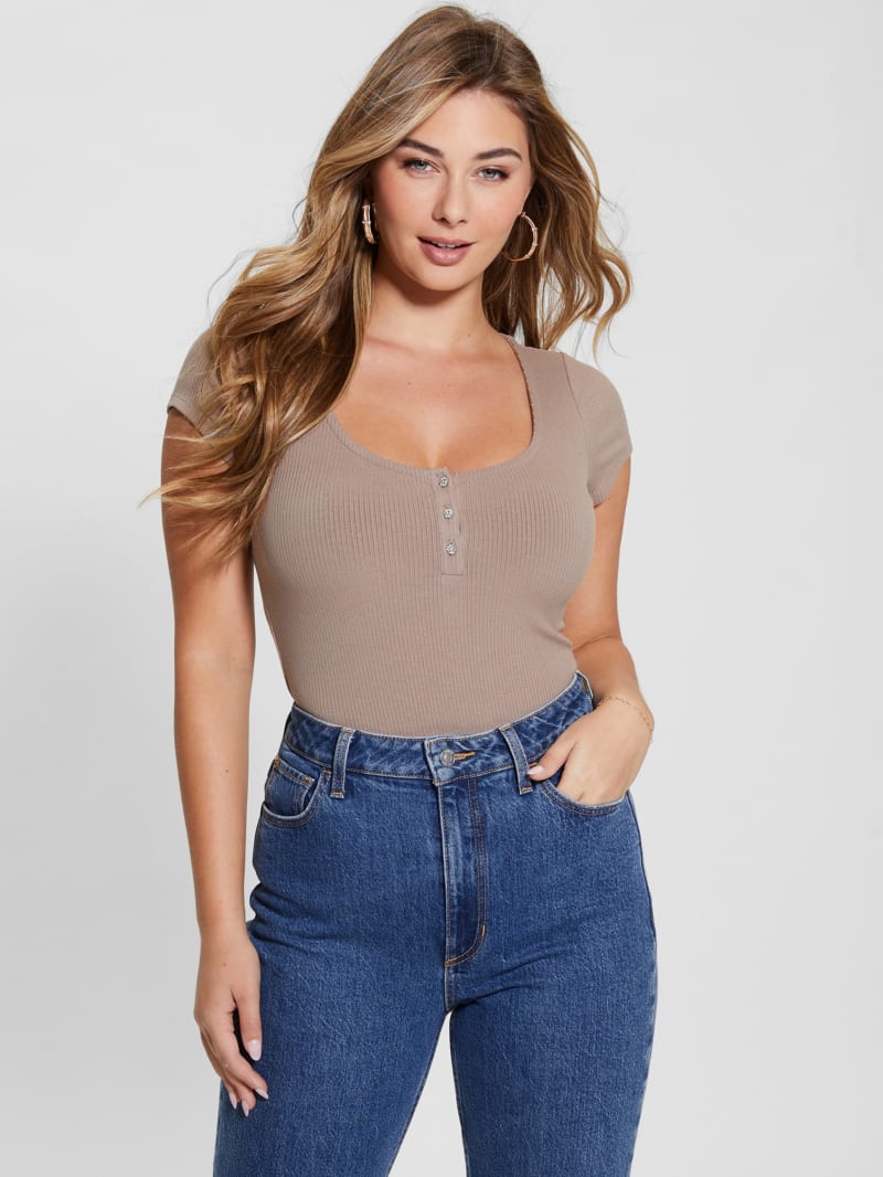 Guess Eco Karlee Henley Tee - Silk Taupe Guess Eco Karlee Henley Tee - Silk Taupe