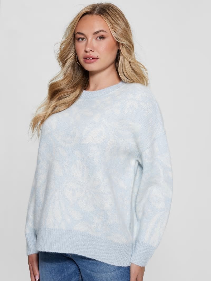 Guess Hibiscus Wool-Blend Sweater - Folk Floral Print Sky Hig
