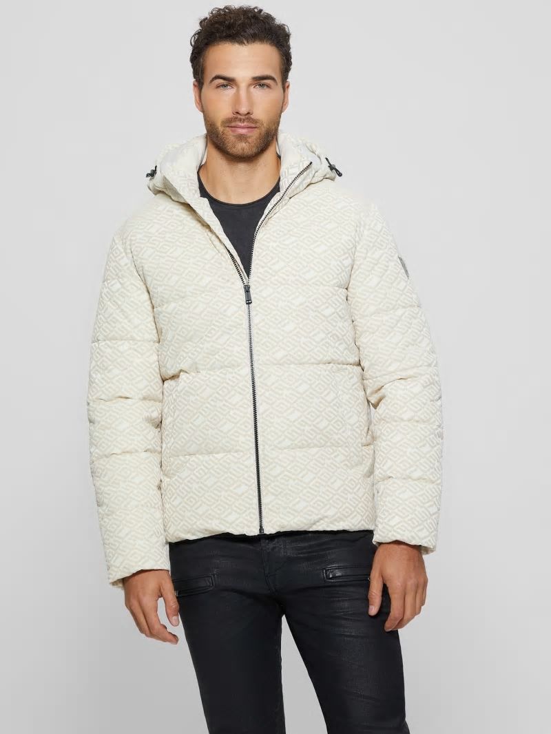 Guess Logo Hooded Puffer Jacket - Muted Stone Flock Guess Guess Logo Hooded Puffer Jacket - Muted Stone Flock Guess