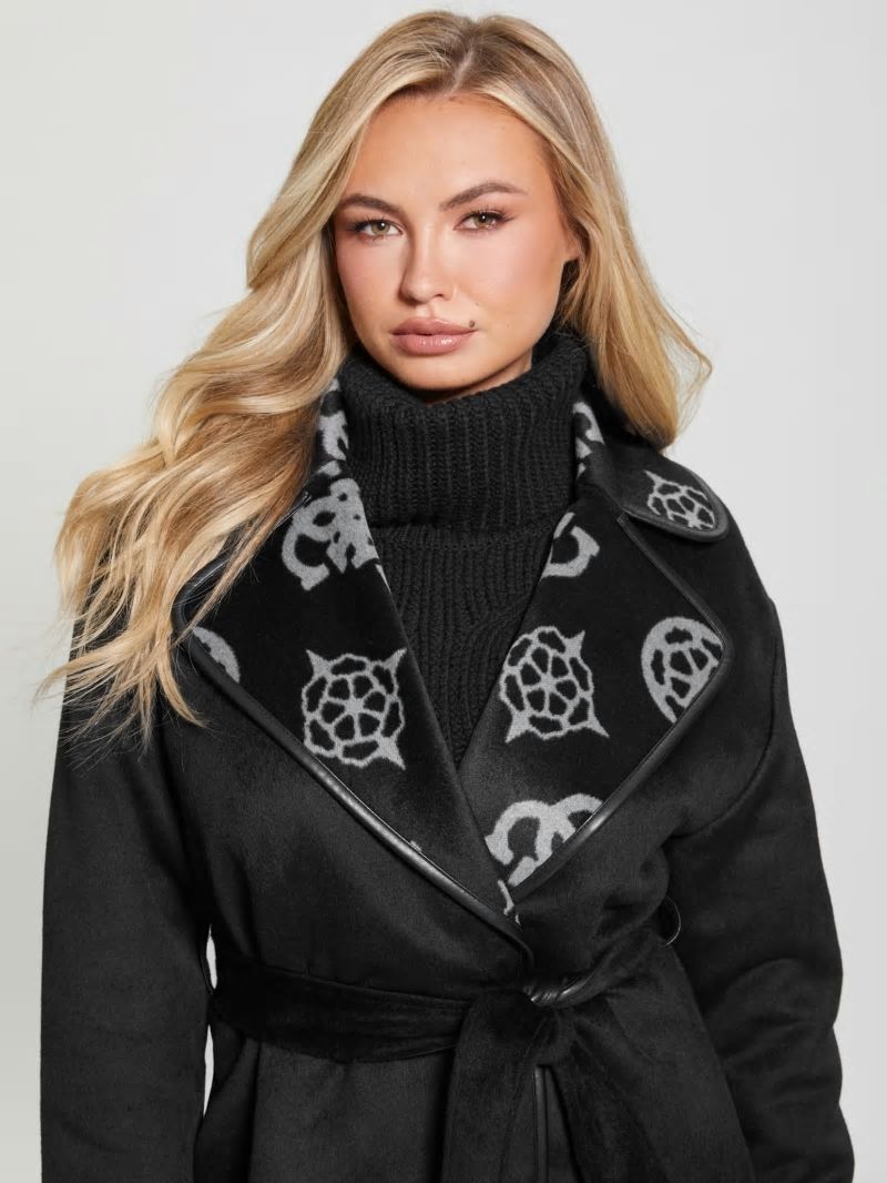 Guess Ludovica Wool-Blend Wrap Coat - Jacquard Logo Black Combo Guess Ludovica Wool-Blend Wrap Coat - Jacquard Logo Black Combo
