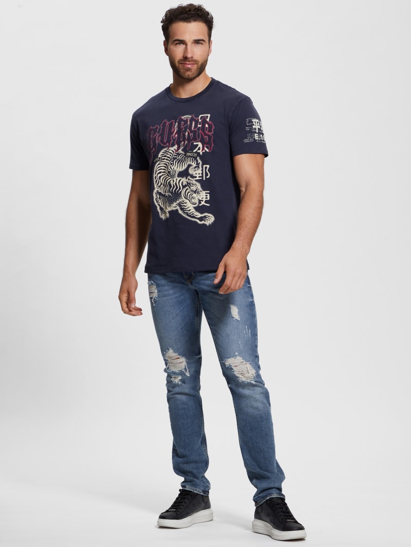 Guess Embellished Peace Tiger Tee - Smart Blue Multi Guess Embellished Peace Tiger Tee - Smart Blue Multi