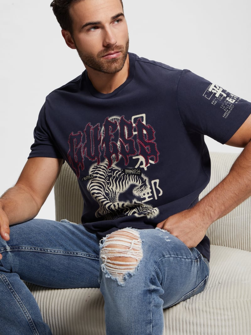 Guess Embellished Peace Tiger Tee - Smart Blue Multi Guess Embellished Peace Tiger Tee - Smart Blue Multi