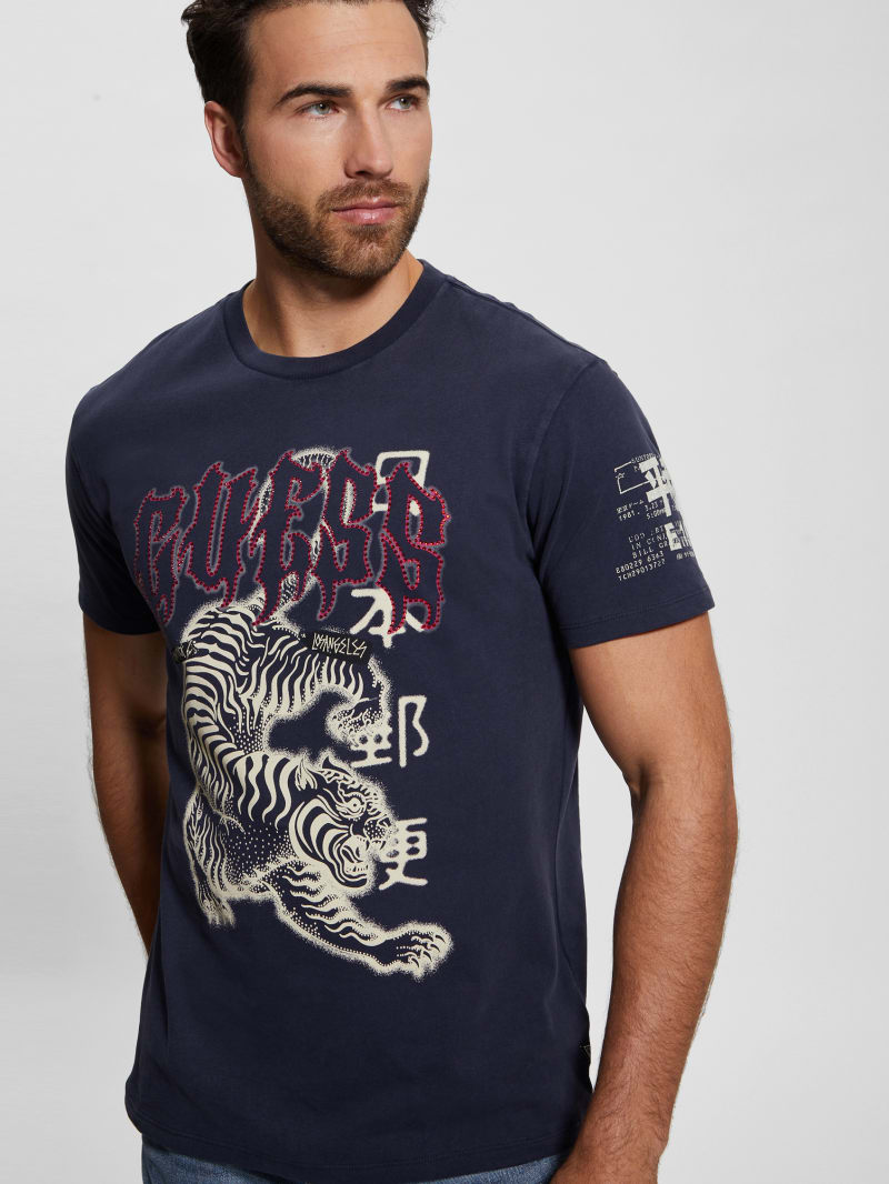 Guess Embellished Peace Tiger Tee - Smart Blue Multi Guess Embellished Peace Tiger Tee - Smart Blue Multi