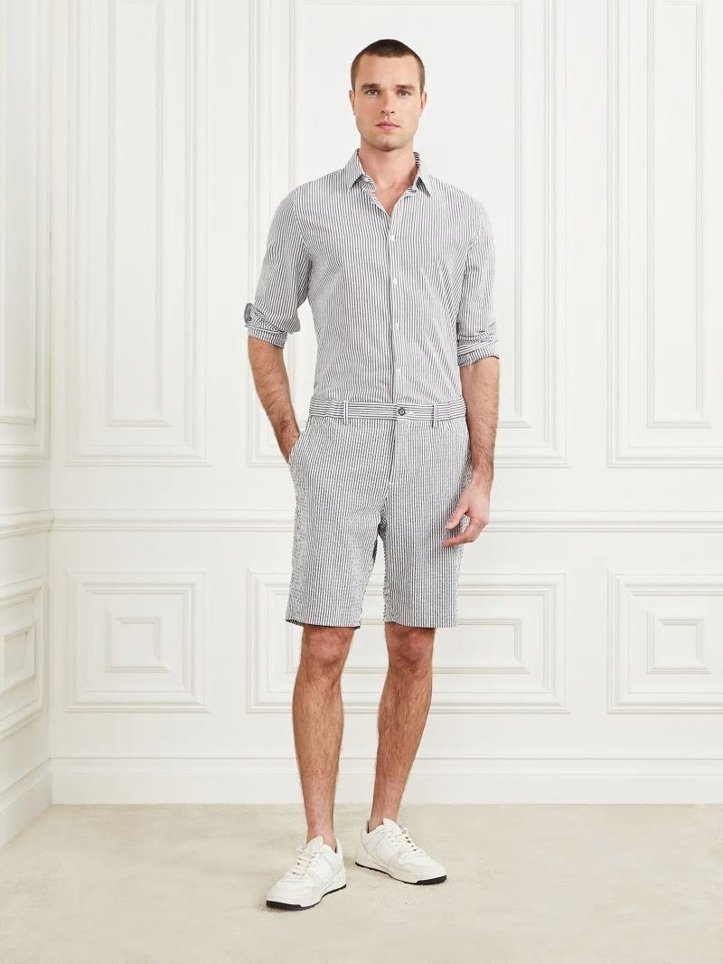 Guess Seersucker Italian Notched Cuff Shirt - Optical White & Blu Navy Guess Seersucker Italian Notched Cuff Shirt - Optical White & Blu Navy