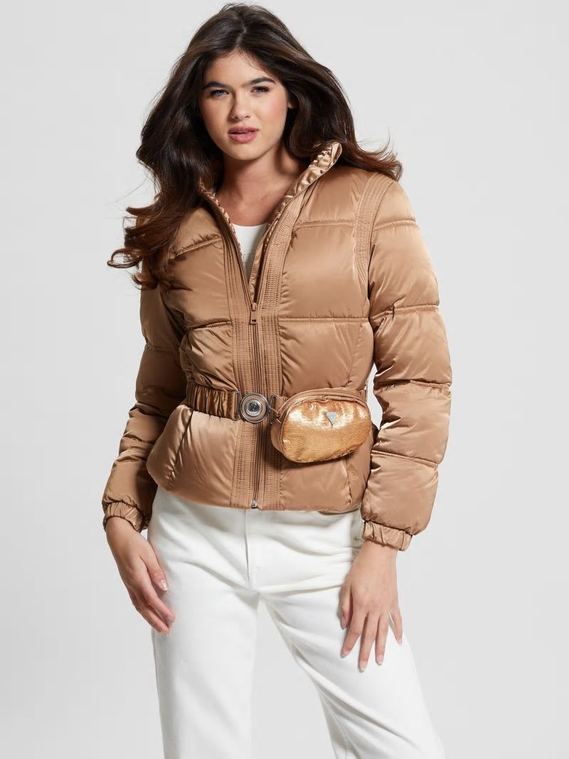 Guess Eco Lucia Belt Bag Puffer Jacket - Wet Sand Multi Guess Eco Lucia Belt Bag Puffer Jacket - Wet Sand Multi