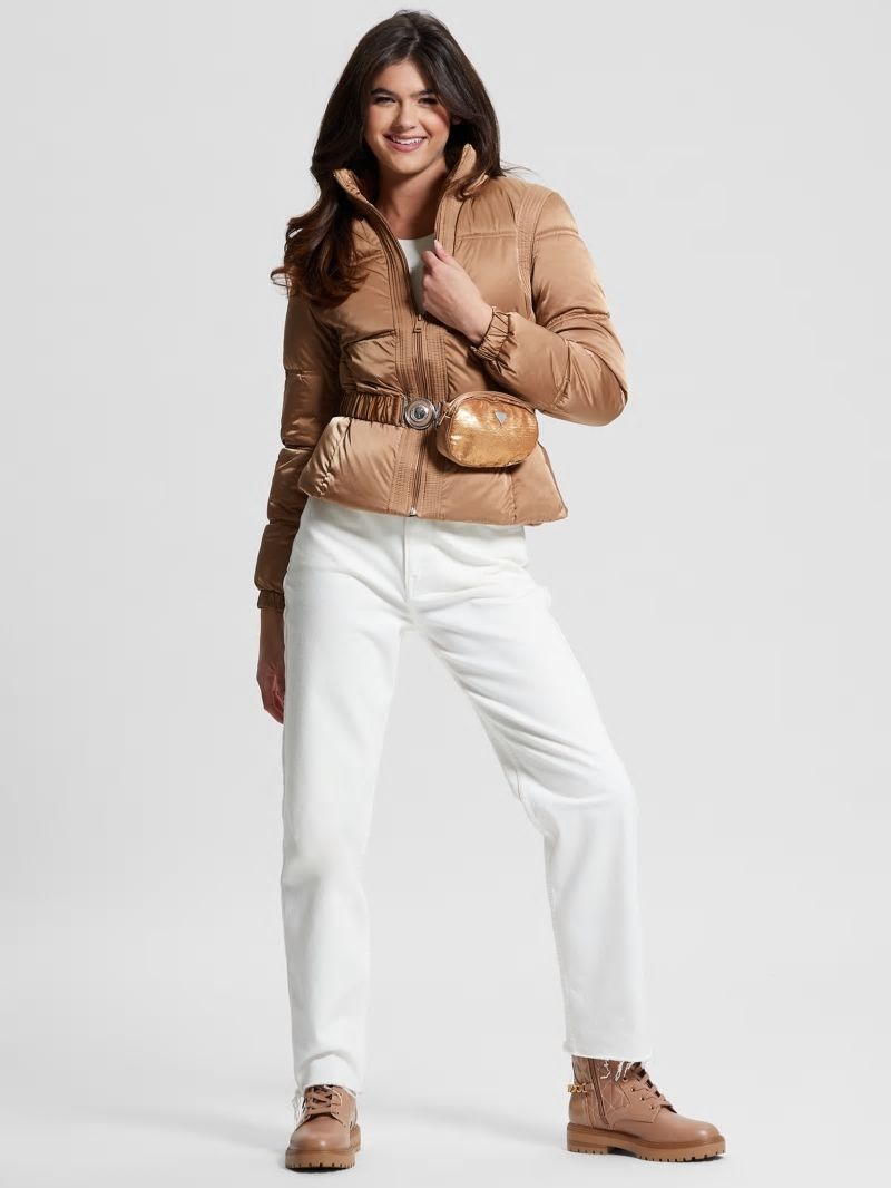 Guess Eco Lucia Belt Bag Puffer Jacket - Wet Sand Multi Guess Eco Lucia Belt Bag Puffer Jacket - Wet Sand Multi