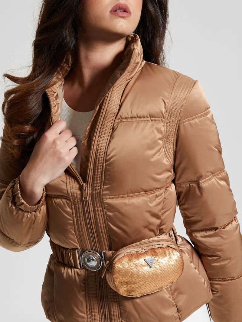Guess Eco Lucia Belt Bag Puffer Jacket - Wet Sand Multi Guess Eco Lucia Belt Bag Puffer Jacket - Wet Sand Multi