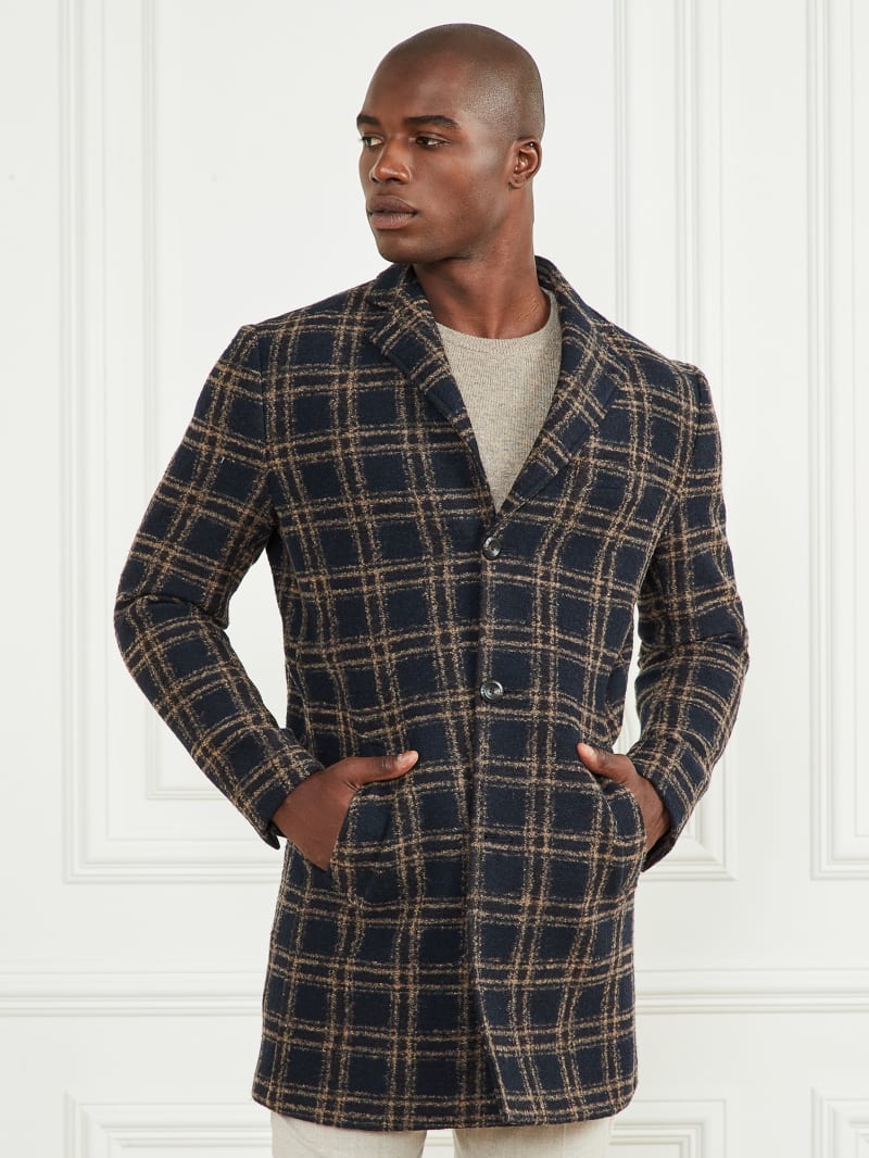 Guess Daily Single Breasted Wool-Blend Coat - Blue Brown Macrocheck Guess Daily Single Breasted Wool-Blend Coat - Blue Brown Macrocheck