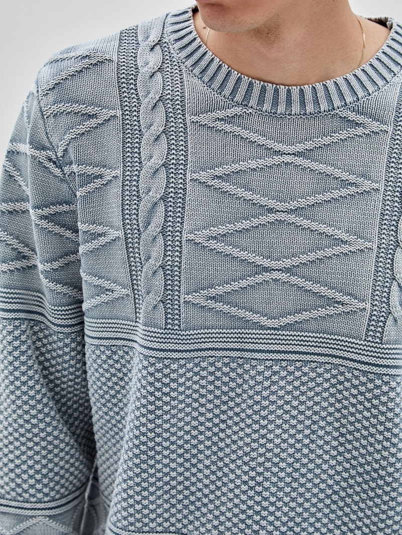 Guess GUESS Originals Cable-Knit Crewneck Sweater - Grey/Blue Guess GUESS Originals Cable-Knit Crewneck Sweater - Grey/Blue