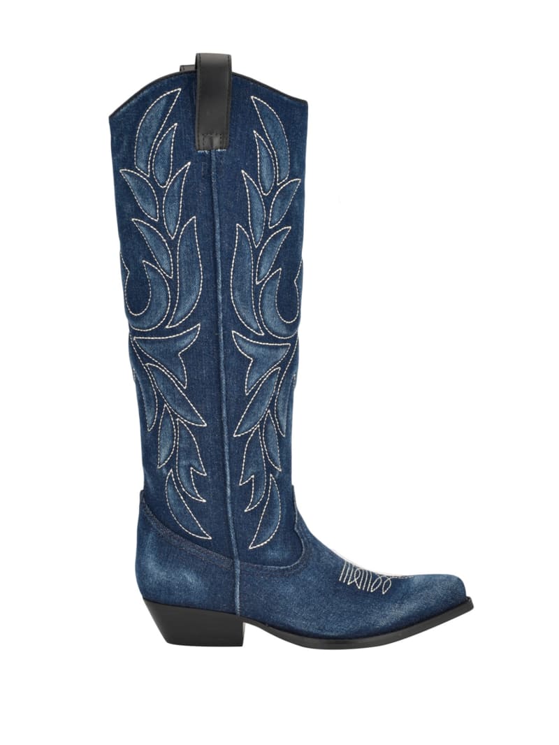 Guess Ginnifer Knee High Denim Cowboy Boots - Denim Tie Dye Guess Ginnifer Knee High Denim Cowboy Boots - Denim Tie Dye