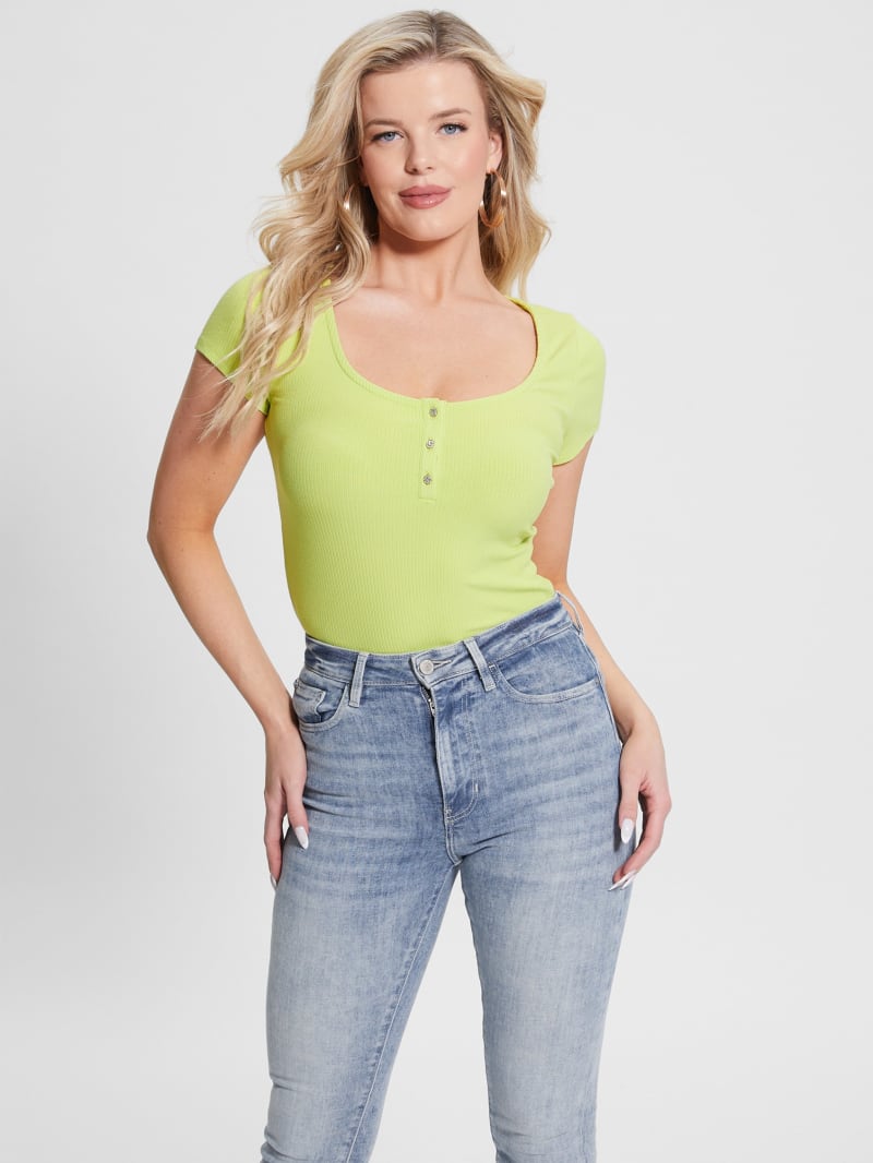 Guess Eco Karlee Henley Tee - Dusty Kiwi Guess Eco Karlee Henley Tee - Dusty Kiwi
