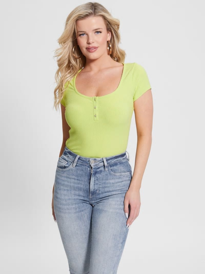 Guess Eco Karlee Henley Tee - Dusty Kiwi Guess Eco Karlee Henley Tee - Dusty Kiwi