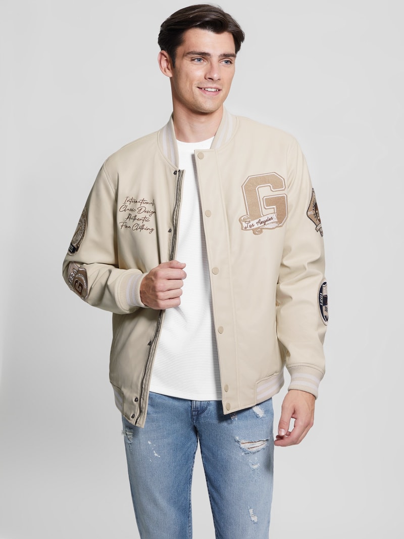 Guess Varsity Faux-Leather Flight Jacket - Quicksand Guess Varsity Faux-Leather Flight Jacket - Quicksand
