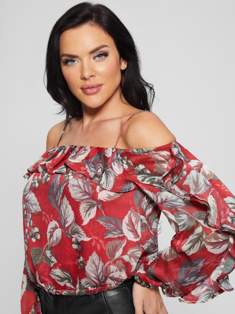 Guess Eco Iggy Floral Ruffle Top - Coachwood Estate Print