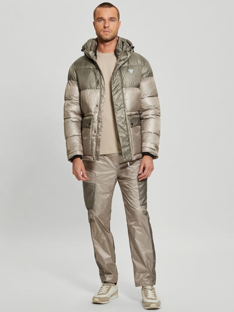Guess Wilfred Hooded Long Puffer Jacket - Pasadena With Green Block Guess Wilfred Hooded Long Puffer Jacket - Pasadena With Green Block