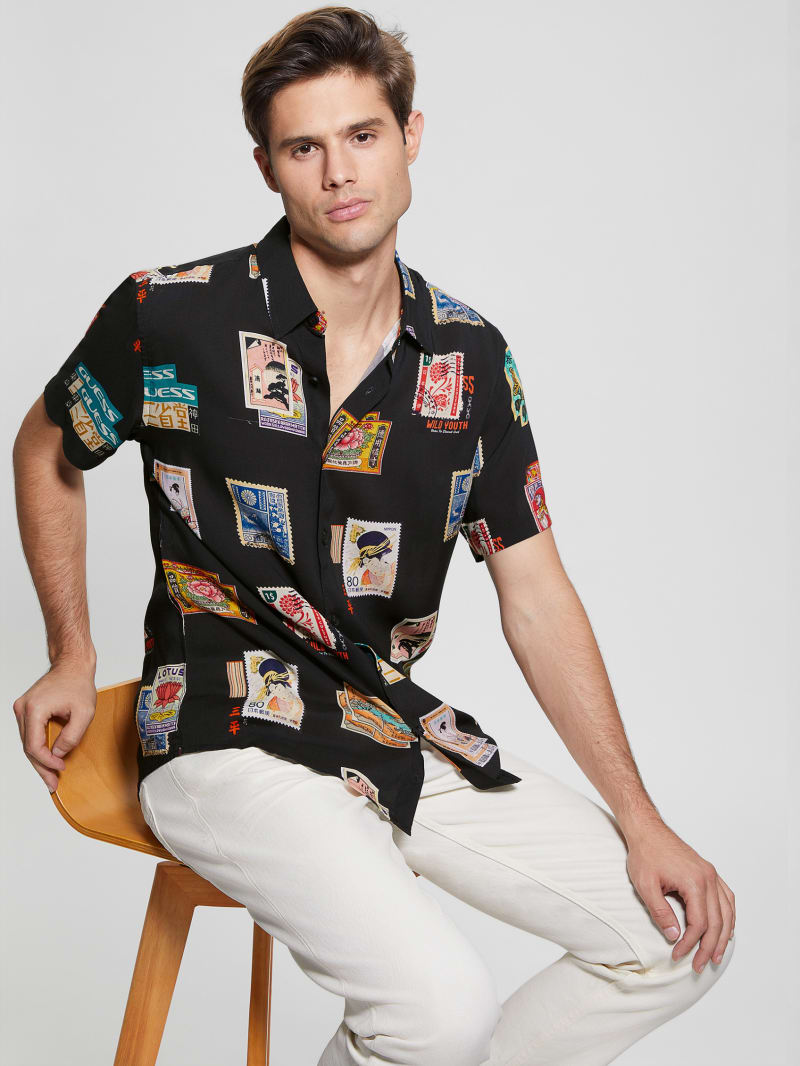 Guess Eco Post Card Shirt - Post Card Collage Jet Bla Guess Eco Post Card Shirt - Post Card Collage Jet Bla