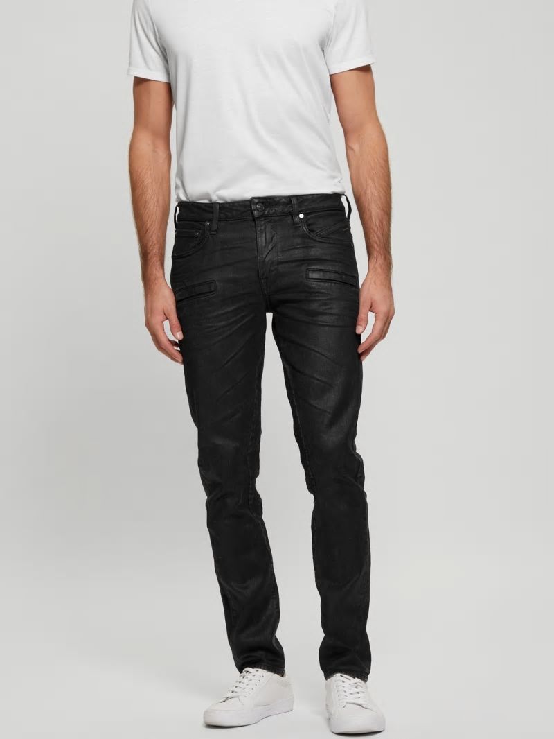 Guess Coated Denim Slim Tapered Zip Jeans - Isotope Black Guess Coated Denim Slim Tapered Zip Jeans - Isotope Black