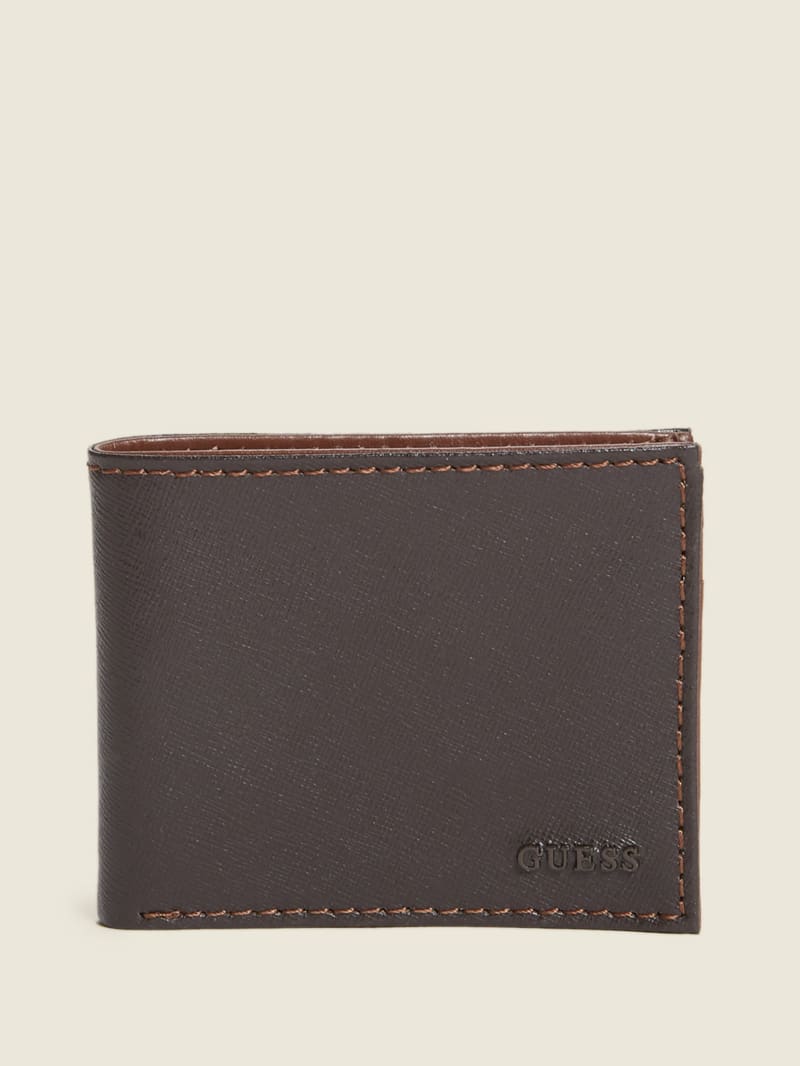 Guess Contrast Stitch Slimfold Wallet - Brown Leather Guess Contrast Stitch Slimfold Wallet - Brown Leather