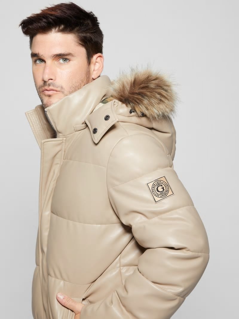 Guess Faux-Leather Hooded Puffer Jacket - Pasadena Stone Guess Faux-Leather Hooded Puffer Jacket - Pasadena Stone