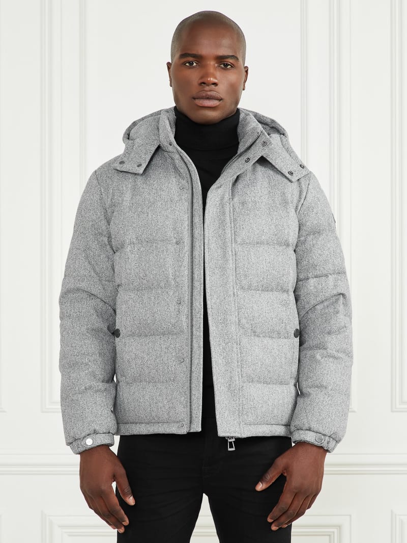 Guess Hooded Puffer Jacket - Grey Herringbone Melange Guess Hooded Puffer Jacket - Grey Herringbone Melange