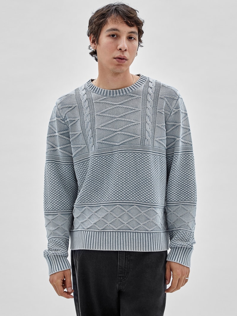 Guess GUESS Originals Cable-Knit Crewneck Sweater - Grey/Blue Guess GUESS Originals Cable-Knit Crewneck Sweater - Grey/Blue