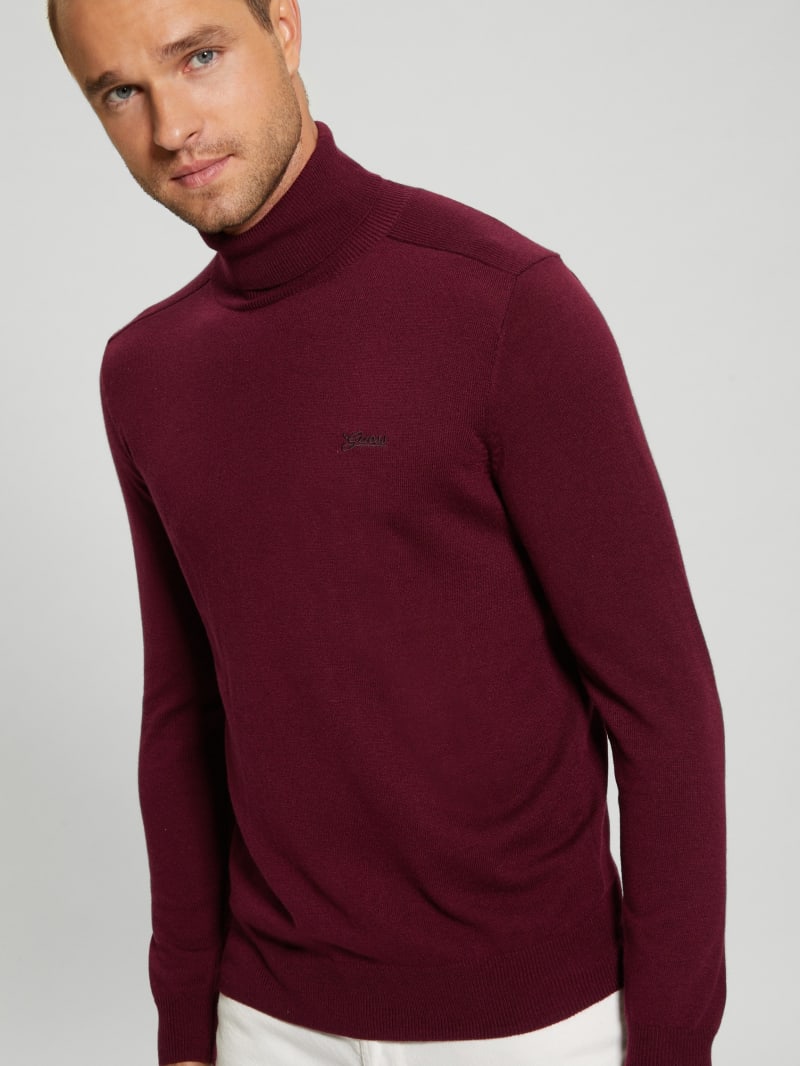 Guess Eco Aaron Silk-Blend Turtleneck Sweater - Maroon Noir Guess Eco Aaron Silk-Blend Turtleneck Sweater - Maroon Noir