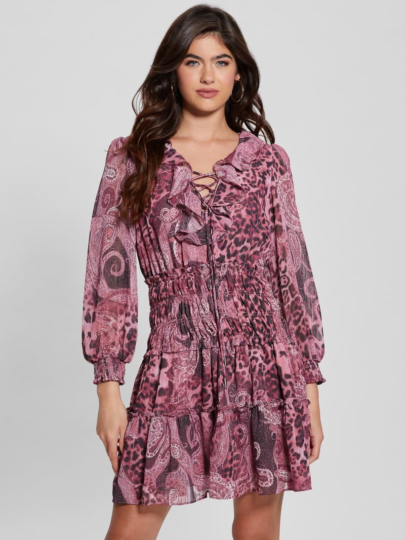 Guess Eco Lucy Lace-Up Flared Dress - Purple Kashmir Print Guess Eco Lucy Lace-Up Flared Dress - Purple Kashmir Print