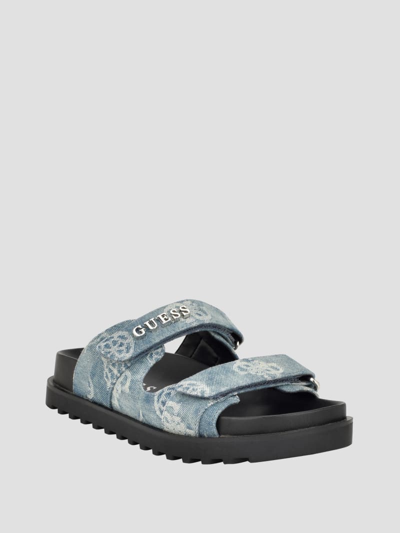 Guess Fabulon Denim Peony Two-Strap Slides - Denim Tie Dye Guess Fabulon Denim Peony Two-Strap Slides - Denim Tie Dye