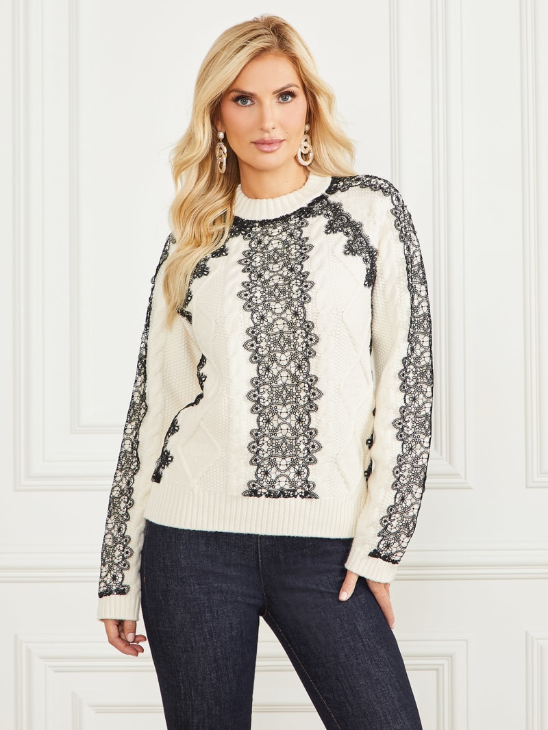 Guess Aura Lace Sweater Top - Pale Pearl Guess Aura Lace Sweater Top - Pale Pearl